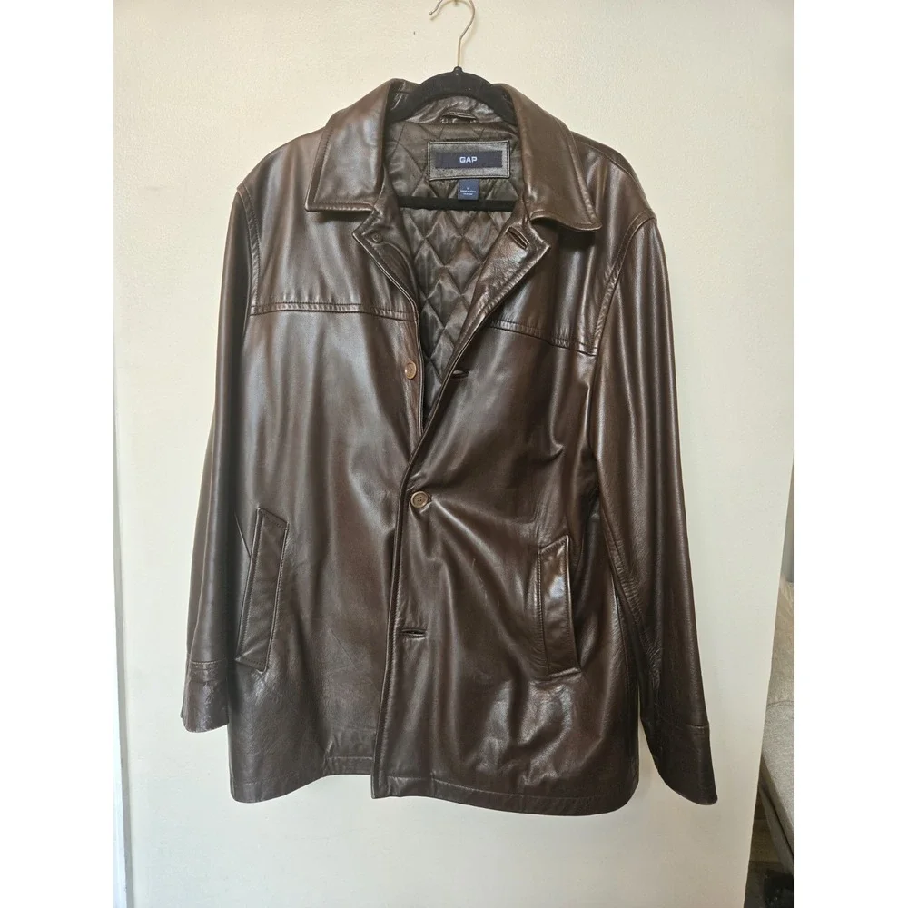 Gap Vintage Y2K Brown Leather Car Coat Driving Jacket Mens Large Oversized 2002
